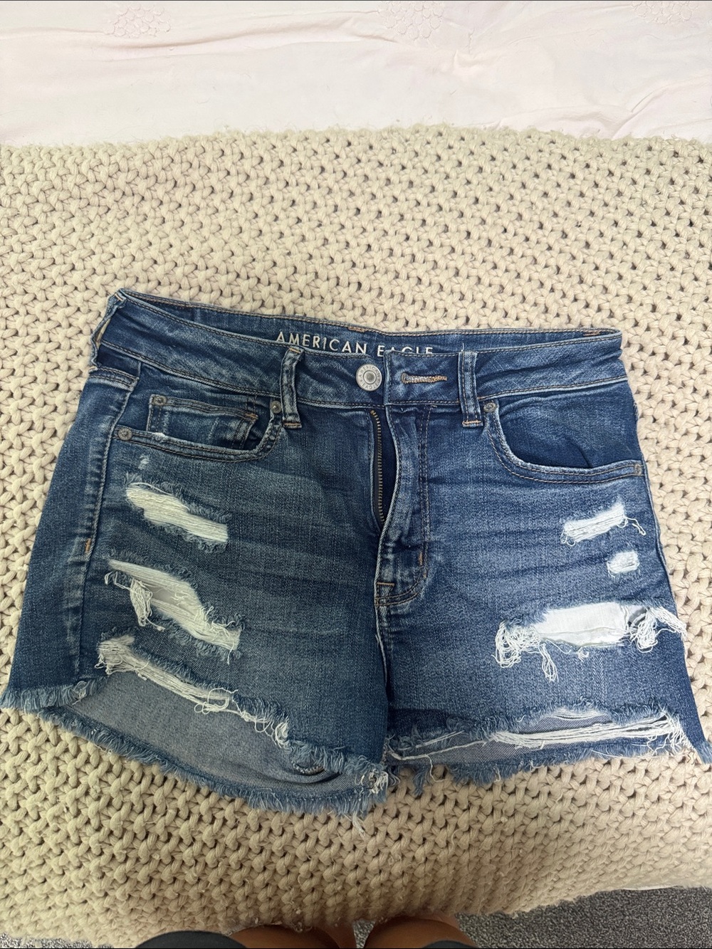 American Eagle Outfitters Hi Rise Shortie Blue Distressed Frayed Hem Jean Shorts